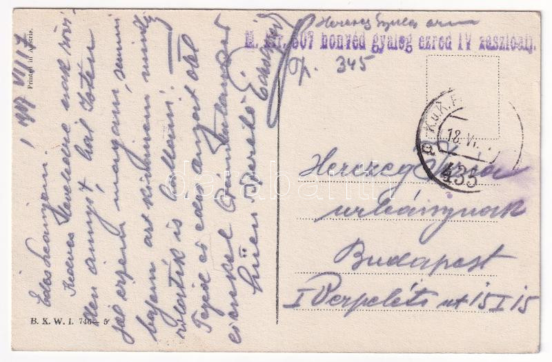 1917 Mode. B.K.W.I. 746-5. s: Mela Koehler + 'M. kir. 607. honvéd gyalog ezred IV. zászlóalj' - Image 2