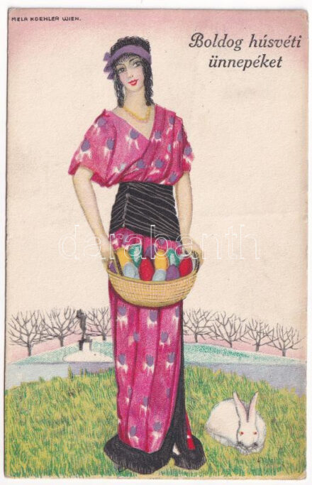 1918 Boldog húsvéti Ünnepeket / Easter Mode. B.K.W.I. 4691-5. s: Mela Koehler (EK)