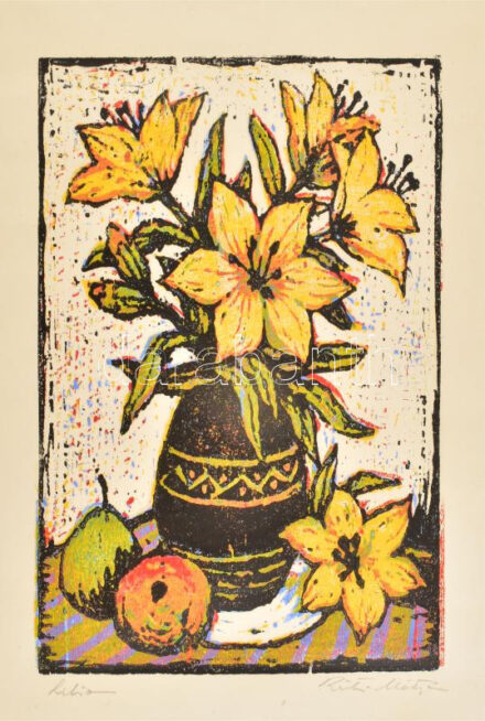Réti Mátyás (1922-2002): Liliom. Színes linómetszet, papír, jelzett, 38,5×28,5 cm