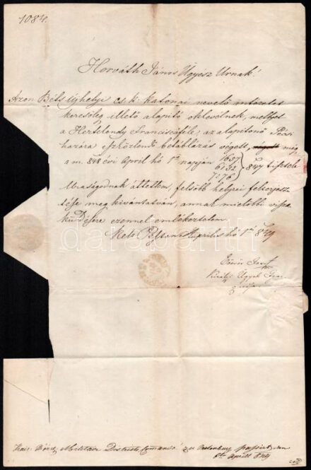 1849 április báró Eötvös József (1813-1871) királyi ügyek igazgatója, később vallás és közoktatásügyi miniszter autográf aláírással ellátott hivatalos levele, a bécsújhelyi Hertelendy Franciska által alapított cs. k.