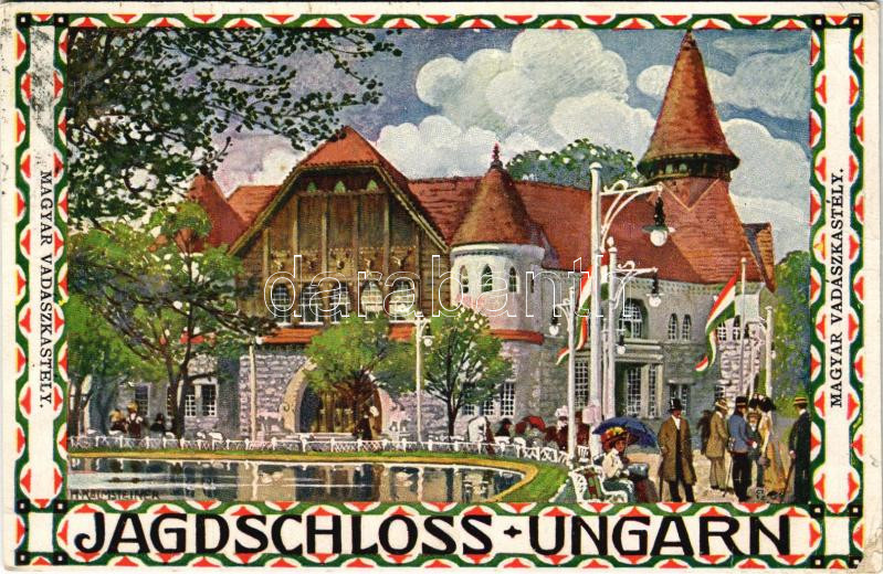 1910 Wien, Erste Internationale Jagdausstellung. Jagdschloss Ungarn / Magyar vadászkastély / The First International Hunting Exposition in Vienna, Hungarian hunting castle. Advertisement art postcard s: H. Kalmsteiner (Rb)