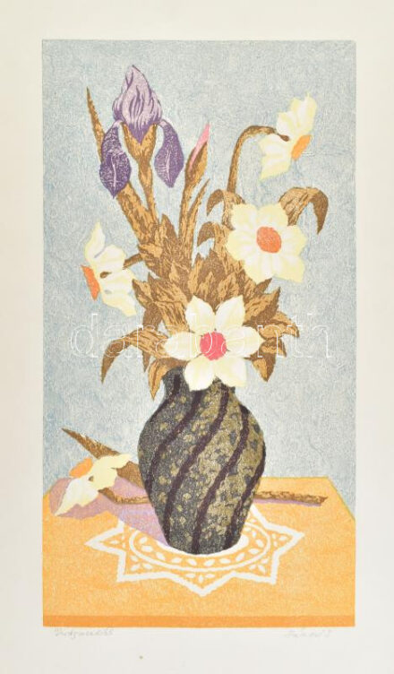 Jánosi Sándor (1927-1982): Virágcsendélet. Színes linómetszet, papír, jelzett. 35×19 cm