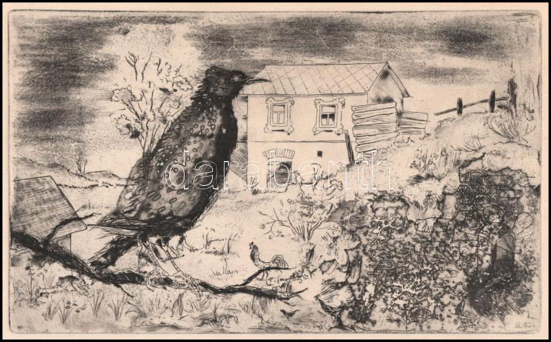 Láng Rudolf (1904-1991): Madárka. Rézkarc, papír, jelzett. 16,5×27,5 cm - Image 2