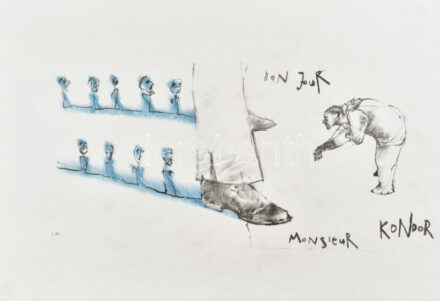 Ligeti Miklós (1982-): Bon jour, Monsieur Kondor. Ceruza, papír, jelzett. Lap szélén paszpartuzás nyomaival. 45x64 cm