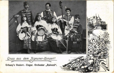 Gruss aus dem Zigeuner Konzert! Urbany's Oesterr.-Ungar. Orchester 'Rakoczi' / Cigány zenekar / Hungarian gypsy music band. Art Nouveau, floral (EK)