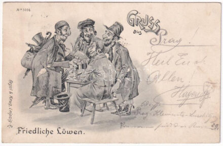 1898 (Vorläufer) Gruss aus Friedliche Löwen. Regel & Krug Leipzig No. 3006. / Peaceful lions. Jewish vendors. Judaica mocking art postcard / Zsidó gúnyrajz, Judaika (fl)