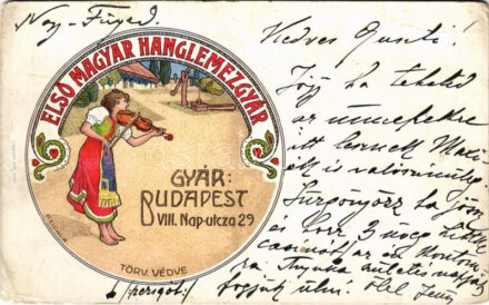 Első Magyar Hanglemezgyár reklámlapja. Budapest VIII. Nap utca 29. / The First Hungarian Record Company's advertising card. Art Nouveau, folklore, litho s: Reichl K. (EK)