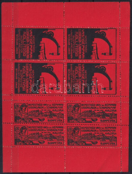 1911 Nemzetközi vas- és gépipari kiállítás levélzáró kisív piros színben / label mini sheet