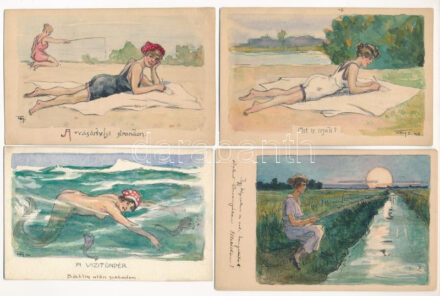 TETTEY EMIL (1885-1963) - 19 db eredeti saját kézzel rajzolt és megírt művész képeslap / 19 pre-1945 original hand-drawn art postcards with the artist's letters