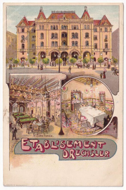 Budapest VI. Drechsler palota (Balettintézet), biliárdt erem és magyar szoba, biliárdasztalok, belső / Etablissement Drechsler. Kosmos Art Nouveau, litho s: Geiger R. (fl)