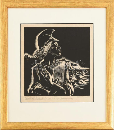 Buday György (1907-1990), 2db Tildy Zoltán (1889-1961) köztársasági elnök és neje számára ajánlott grafika: 'Britannia, 1940-41'. Fametszet, papír, jelzett. Számozott: 19/50. Tildy Zoltánnak szóló ajándékozási sorokkal: 'Tildy