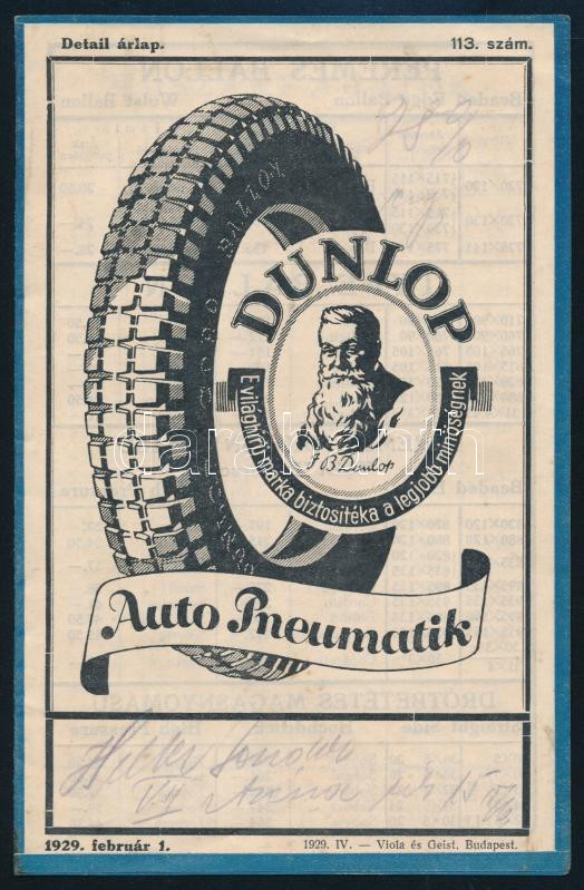 1929 Dunlop gumi árlap reklám nyomtatvány