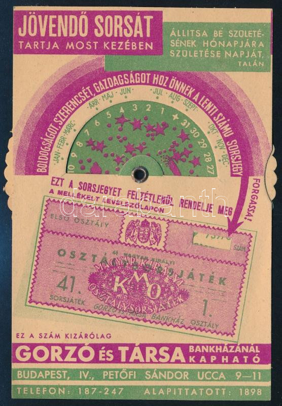 Gorzó és Társa Bankház sorsjegy reklámlap, forgatható mechanikus résszel, 14x9 cm