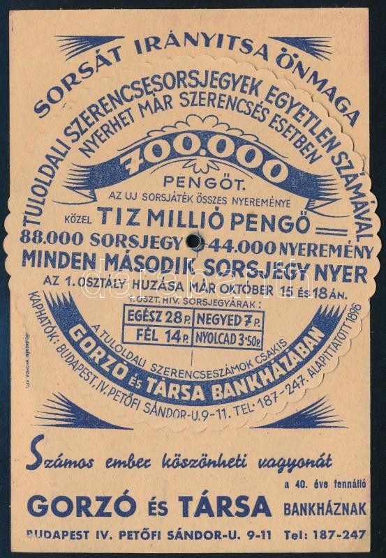 Gorzó és Társa Bankház sorsjegy reklámlap, forgatható mechanikus résszel, 14x9 cm - Image 2