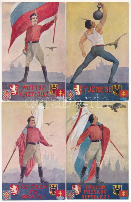 Co Cech to Sokol! / Sokol cseh nacionalista torna mozgalom - 6 db sport propaganda képeslap, teljes sorozat / Sokol Czech gymnastics movement - 6 pre-1945 sport propaganda postcards, complete series signed by K. Simunka