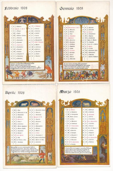 1908 Cartolina Augurale per le Case del Pane sotto l'Alto Patronato di S.M. La Regina Madre / 1908. Év Naptár képeslapok - 12 db régi olasz képeslap a hónapokkal / Year of 1908 - 12 Italian calendar postcards with months