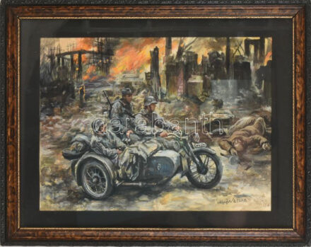 Wolfgang Watzke: II. világháborús részlet. Akvarell, papír, Üvegezett keretben 29x40 cm
