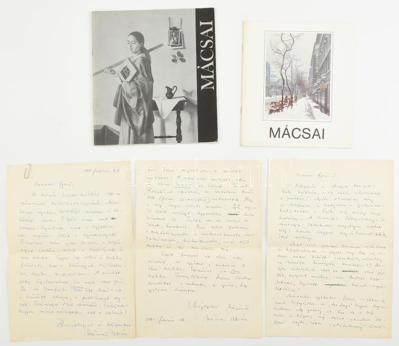 1981 Mácsai István (1922-2005) festőművész 2 db autográf levele Szabó György (1932-2005) műkritikusnak Műcsarnokbeli kiállítása Magyar Nemzetben megjelent recenziójára reagálva. A meleg szavakkal megköszöni a méltatást,