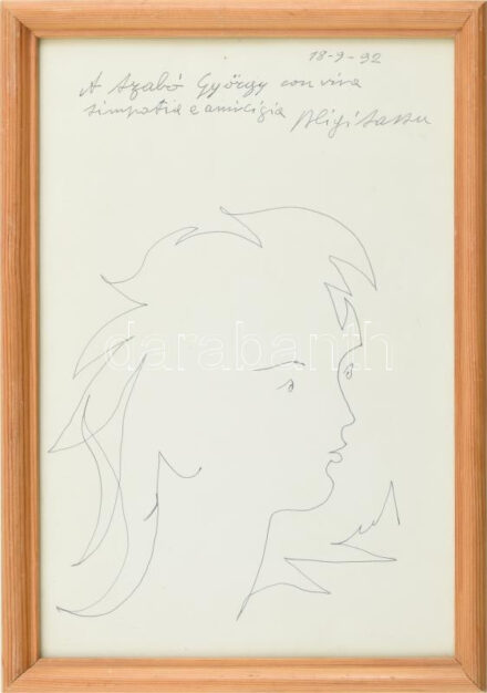 Aligi Sassu (1912-2000): Női arc. Ceruza, papír, Jelzett, Szabó György műkritikusnak dedikált. Üvegezett keretben 29x20 cm