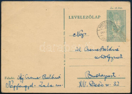 1944 decembere, ifj. Czene Béla (1911-1999) festőművész autográf levele édesanyjához Nagylengyelről, amelyben közli vele, hogy Sopronba utaznak tovább. Más érdekes részlettel. Egy beírt oldal evelezőlapon, ifj. Czene Béla autográf