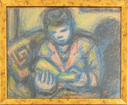 Bolmányi Ferenc (1904-1990): Olvasó, 1930-as/40-es évek. Pasztell, papír, jelezve balra lent. Üvegezett fakeretben, 40×49,5 cm / Pastell on paper, signed lower left, framed.