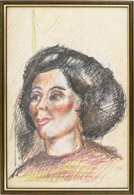 Román György (1903-1981): Női portré. Kréta, papír, jelzés nélkül, hátoldalán Román György Alapítvány bélyegzőjével (keret hátlapja által takarva). Üvegezett fakeretben, 50×35 cm / chalk on paper, unsigned, with stamp of the