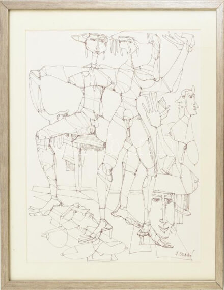 Joseph Szabó (Szabó József, 1925-2010): Három grácia. Tus, papír, jelezve jobbra lent. Kiállítva: Musee Paul-Valéry, Sete, 1988, egyéni kiállítás. Üvegezett fakeretben, 38×31 cm / Joseph Szabó (Szabó József, 1925-2010),