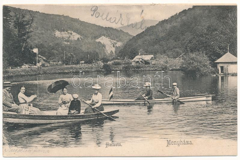 1905 Menyháza, Monyásza, Moneasa; Halastó, csónakázók / lake, boat trips (Rb)