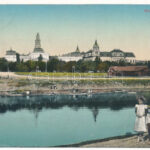 1916 Arad, Marospart, templomok. Montázs gyerekekkel / Mures riverside, churches. Montage with children (EK)