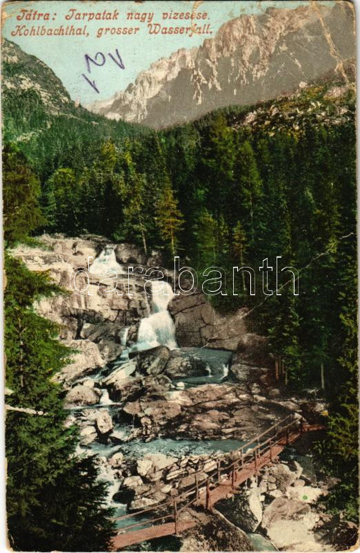 1909 Tátra, Magas-Tátra, Vysoké Tatry; Tarpatak nagy vízesése. Cattarino S. kiadása / Kohlbachtal, grosser Wasserfall / waterfall (fa)