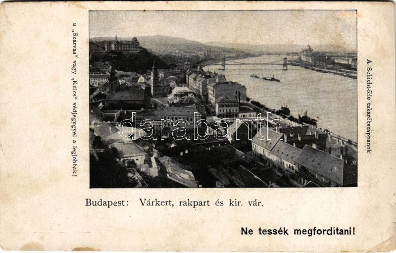 Budapest I. Várkert, rakpart és királyi vár, Tabán. Hátoldalon Schicht szappan reklám (EK)