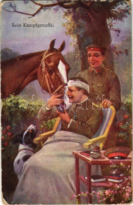 1917 Sein Kampfgenosse / WWI German military art postcard, injured soldier with his horse. B.K.W.I. 930-13. (ázott / wet damage)