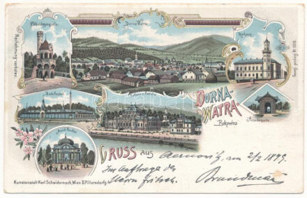 1899 (Vorläufer) Vatra Dornei, Dornavátra, Bad Dorna-Watra (Bukovina, Bukowina); Falkenhaynquelle, Badeanstalt, Musik Pavillon, Curhaus und Curhotel, Rathhaus, Arcadiequelle. Kunstanstalt karl Schwidernoch / spa hotel, music pavilion. Art