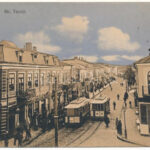 1910 Galati, Galatz; Strada Tecuci / street, shops, trams