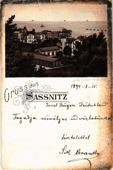 1894 (Vorläufer!!!) Sassnitz (Rügen), general view. Lithogr. Kunstanstalt v. Carl Garte. Art Nouveau, litho (tear)