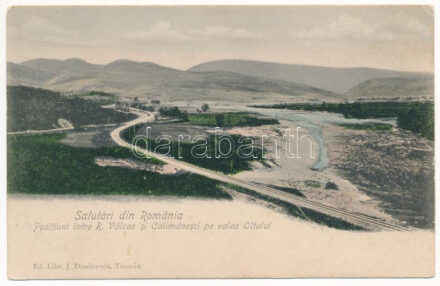 1917 Ramnicu Valcea-Calimanesti, Salutari din Romania, Positiuni intre R. Valcea si Calimanesci pe valea Oltului. Ed. Libr. J. Dimitrescu / railway between the towns in the Olt valley (EK)