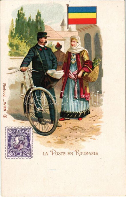 La Poste en Roumaine. Photocol Wien / Romanian post, flag and stamp, folklore. Art Nouveau litho