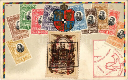 1923 Romania / Román bélyegek és címer, térkép / Romanian stamps and coat of arms, map. Carte philatélique Ottmar Zieher No. 78. Art Nouveau, litho + '1922 Bélyeggyűjtők Hete' So. Stpl