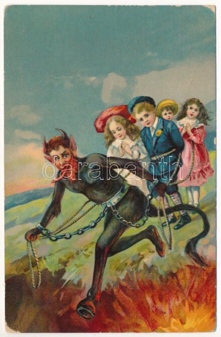 Krampusz megkötözött gyerekekkel / Krampus with tied up children. EAS litho (EB)