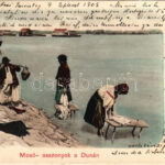 1905 Mohács, mosóasszonyok a Dunában, háttérben úszó vízi hajómalmok, hajómalom / floating ship (boat) mills (EK)