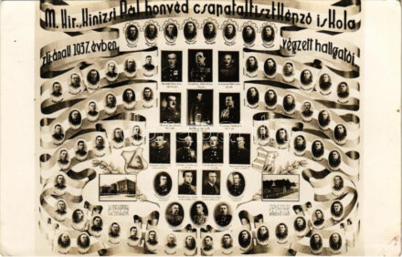 1937 M. kir. Kinizsi Pál honvéd csapattisztképző iskola zászlóaljának 1937. évben végzett hallgatói, Beöthy Dezső ezredes, Horváth Géza százados, Kapossy Béla százados. Tervezte és festette Rónaszéki R., V. Mészáros Fotó