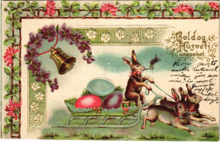 1902 Boldog húsvéti ünnepeket! Nyuszi szán. Dombornyomott litho / Easter greeting, rabbit sled. Embossed, floral, litho (EK)