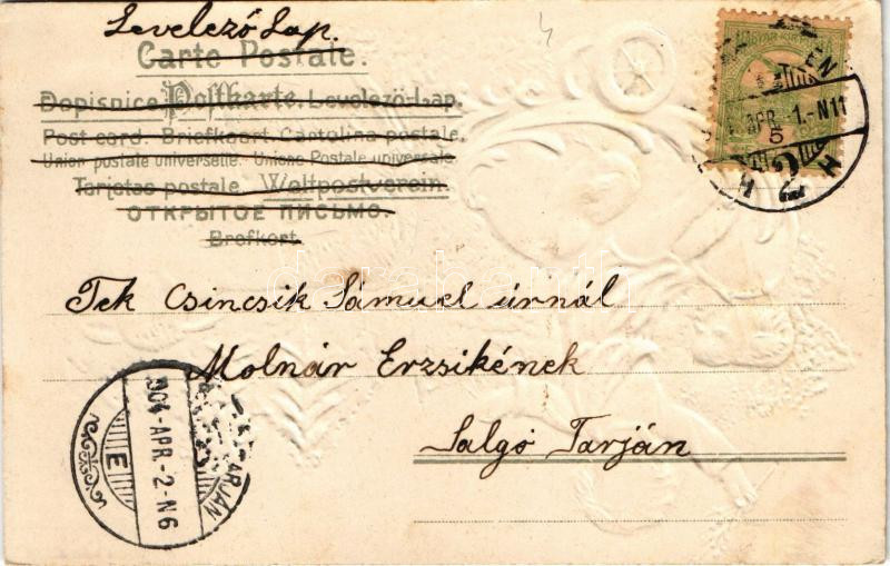 1904 Boldog húsvéti ünnepeket! Bárány szekér, dombornyomott selyemlap / Easter. Embossed litho silkcard - Image 2