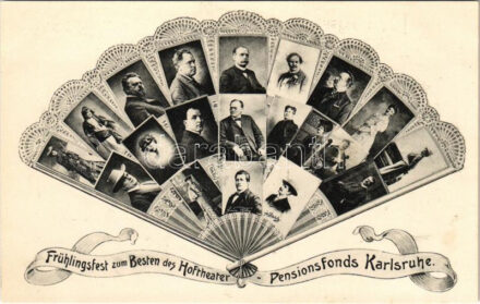 Frühlingsfest zum Besten des Hoftheater - Pensionsfonds Karlsruhe / Német színészek a Karlruhe-i színházból. Montázs legyezővel / German actors and actresses of the Karlsruhe theatre. Art Nouveau montage with hand fan