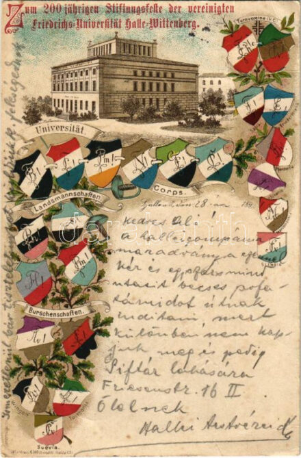 1894 (Vorläufer) Halle (Saale), Zum 200 jährigen Stiftungsfeste der vereinigten Friedrichs-Universität Halle-Wittenberg. Studentika / 200th anniversary of the founding of the university, coat of arms. Wischan & Wettengel Art Nouveau,
