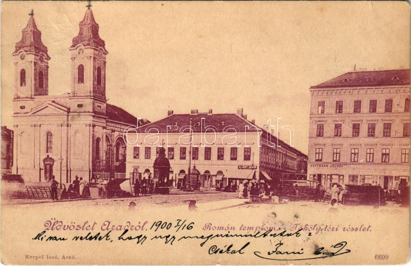 1900 Arad, Román templom, Thököly téri részlet, Hoffmann József, Ifj. Löwy Ármin, Joszif Miklós, Haschka Ádám üzlete, piac. Kerpel Izsó kiadása / Romanian church, square, market, shops (Rb)