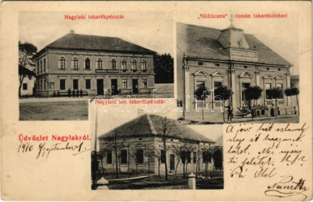 1910 Nagylak, Nadlac; Takarékpénztár, 'Nadlacana' román takarékintézet, Nagylaki kerületi takarékpénztár. Weisz Márk kiadása / savings banks (EK)