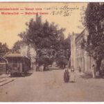 1908 Máriaradna, Mária-Radna, Radna (Lippa, Lipova); Vasút utca, Vasút utca, Arad-Hegyaljai motoros vasútállomás, kisvasút, vonat. W.L. (?) 3034. / railway station, train, street view + 'Berta Kálmán Megváltó gyógyszertára