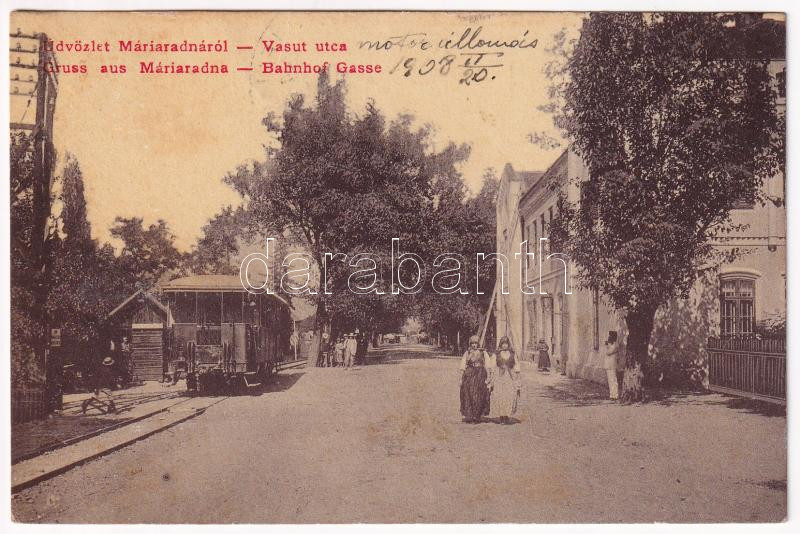 1908 Máriaradna, Mária-Radna, Radna (Lippa, Lipova); Vasút utca, Vasút utca, Arad-Hegyaljai motoros vasútállomás, kisvasút, vonat. W.L. (?) 3034. / railway station, train, street view + 'Berta Kálmán Megváltó gyógyszertára