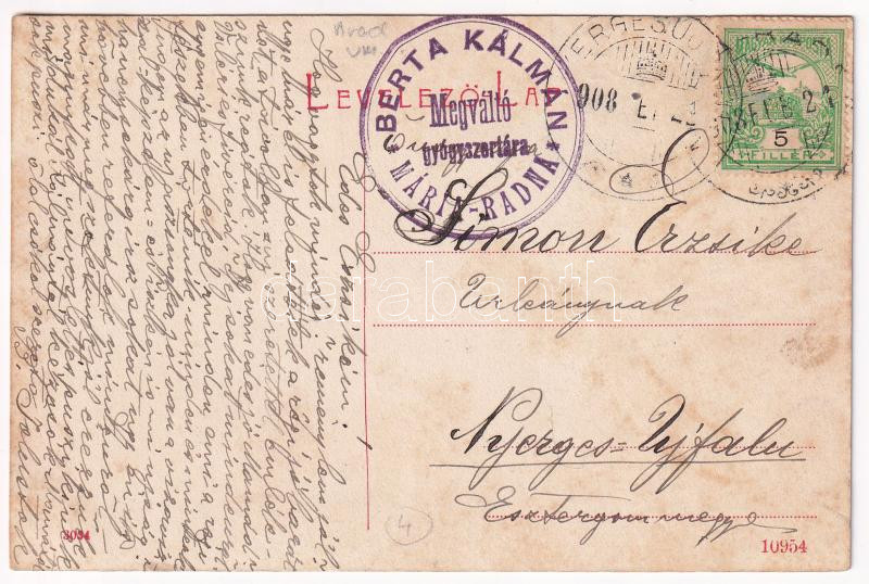1908 Máriaradna, Mária-Radna, Radna (Lippa, Lipova); Vasút utca, Vasút utca, Arad-Hegyaljai motoros vasútállomás, kisvasút, vonat. W.L. (?) 3034. / railway station, train, street view + 'Berta Kálmán Megváltó gyógyszertára - Image 2